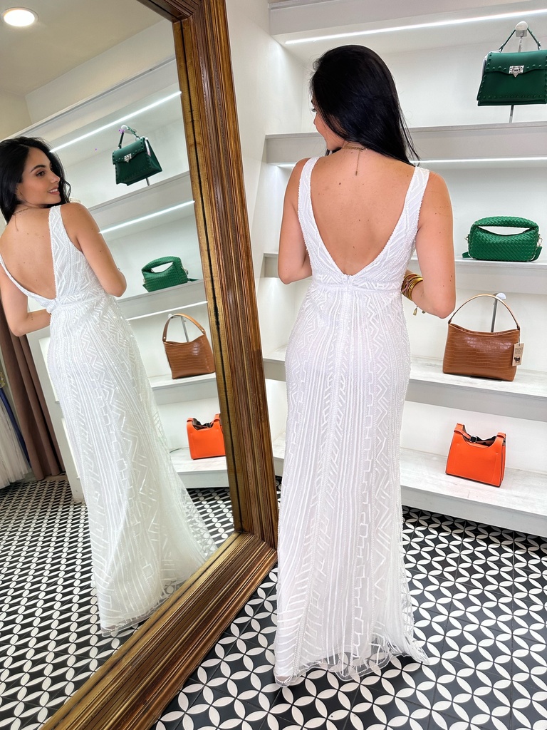 Vestido Largo Pedrería Cuello V Blanco