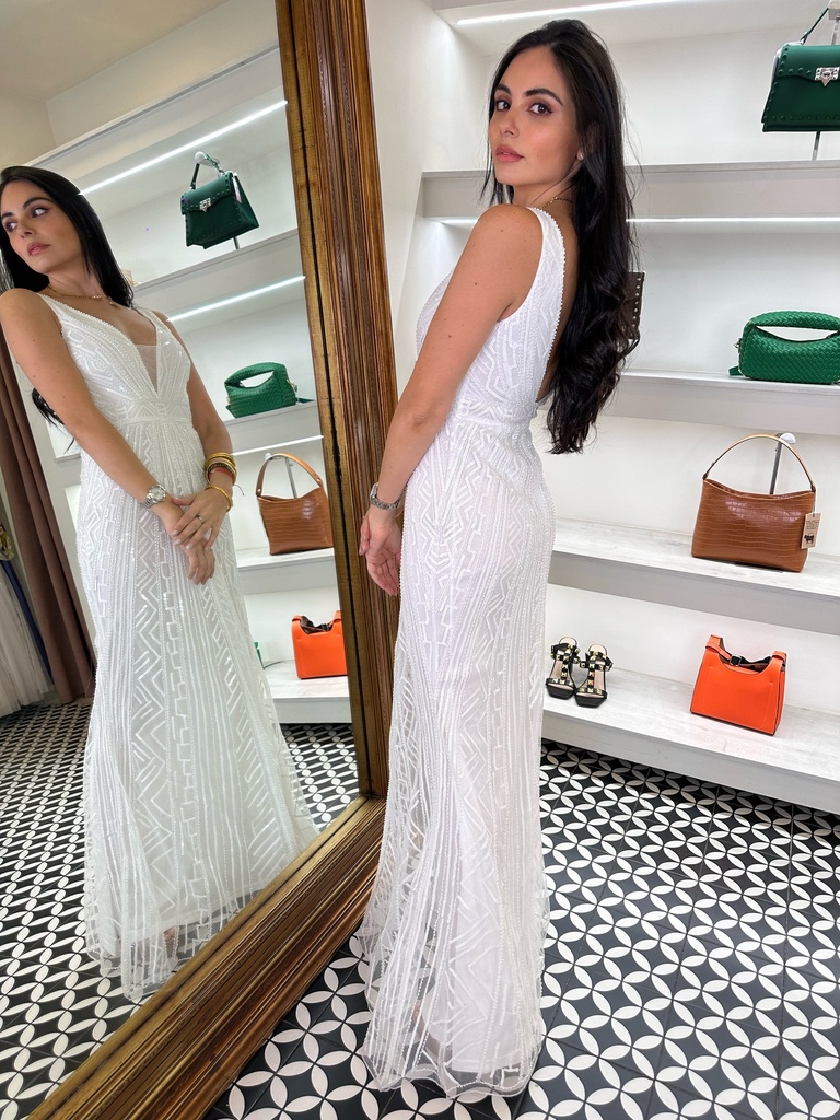 Vestido Largo Pedrería Cuello V Blanco
