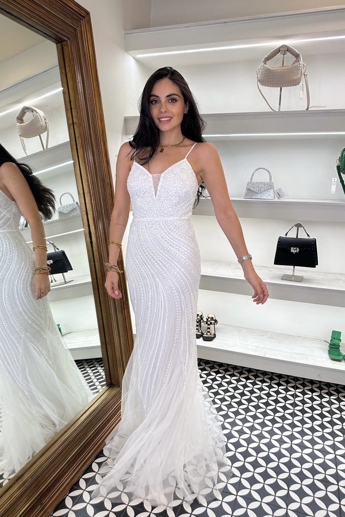 Vestido Largo Pedrería Blanco Tirantes