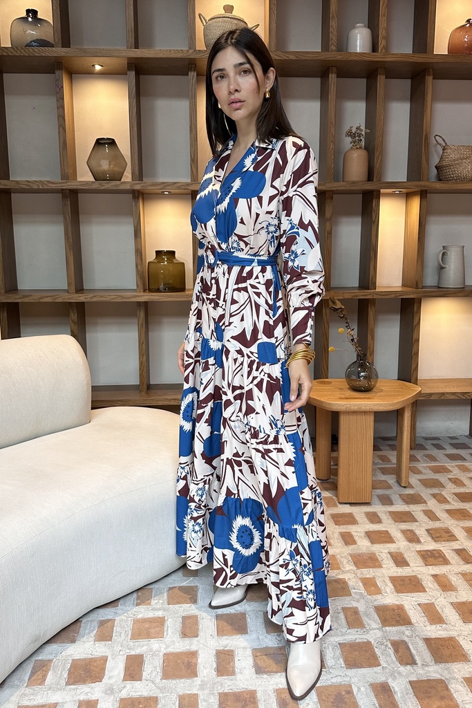 Vestido Flores Azul Cinturon