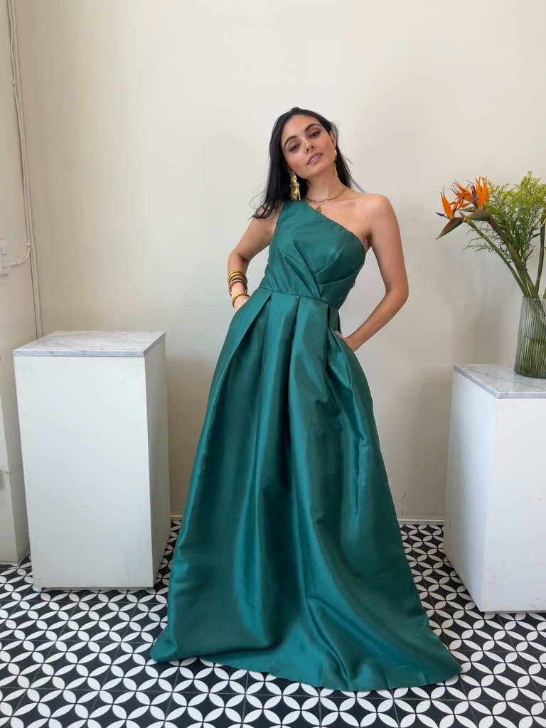Vestido Largo Tafeta un Hombro Verde