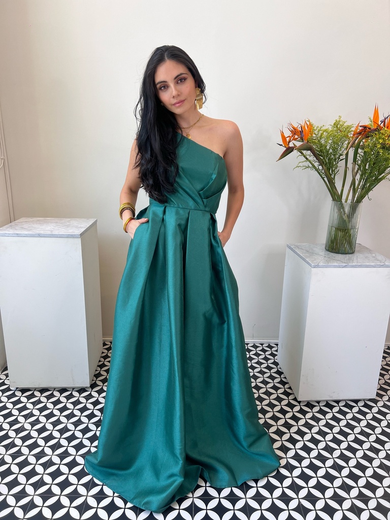 Vestido Largo Tafeta un Hombro Verde