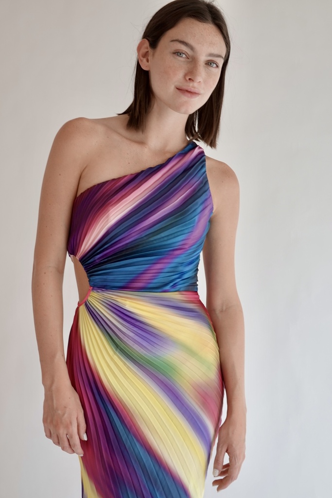 Vestido Un Hombro Plisado Multicolor