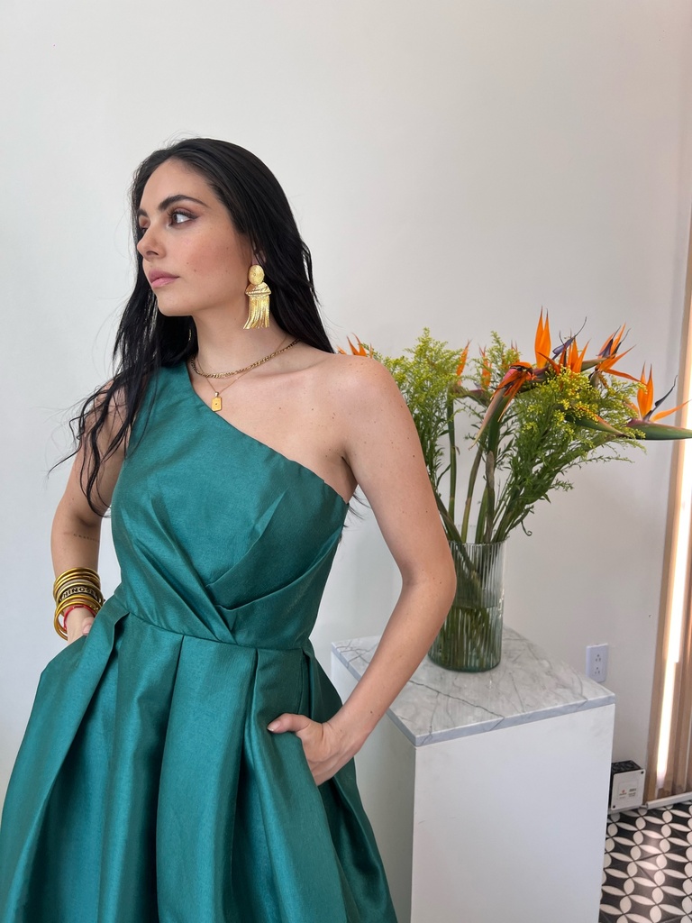 Vestido Largo Tafeta un Hombro Verde