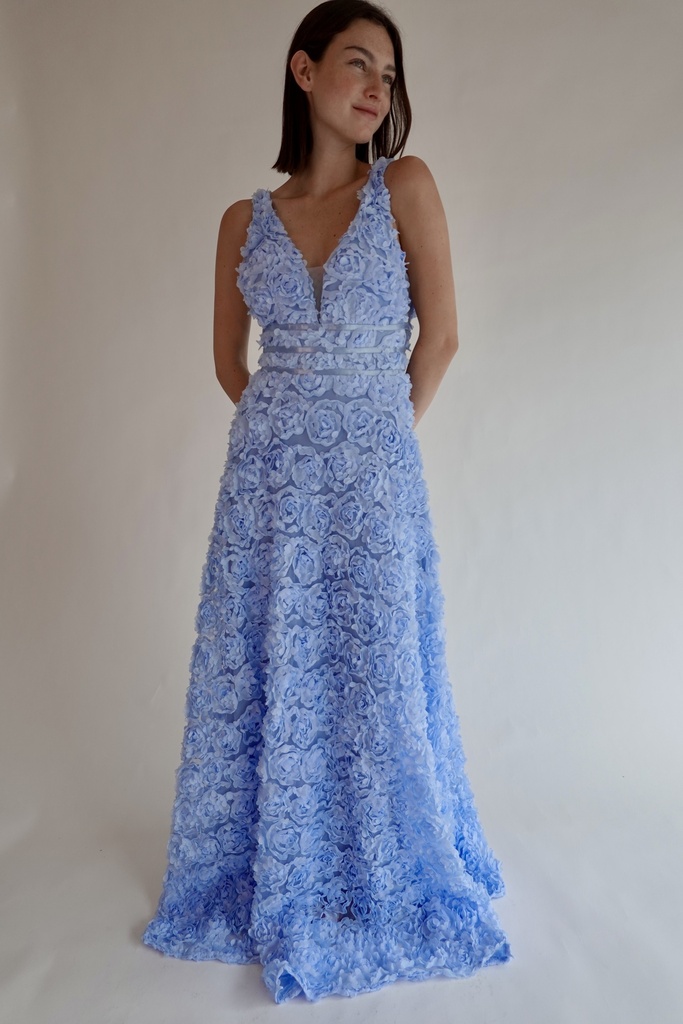 Vestido Largo Flores Azul