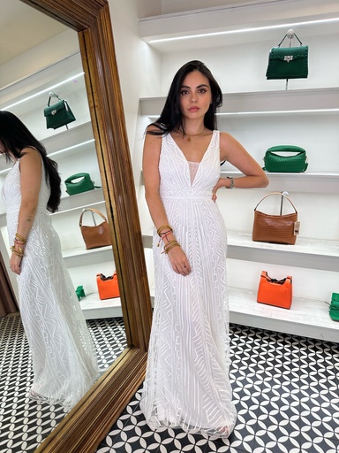 [RB02735] Vestido Largo Pedrería Cuello V Blanco (S)