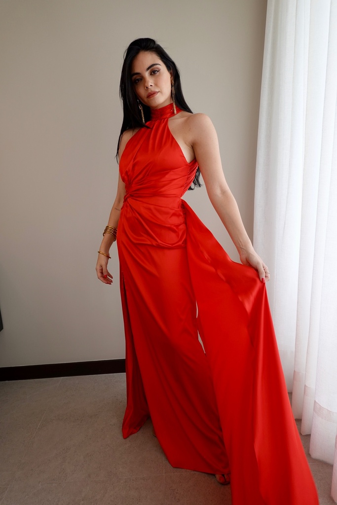 [RB04192] Vestido Halter Satin Rojo (S)