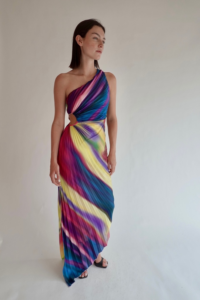 [RB04325] Vestido Un Hombro Plisado Multicolor (S)