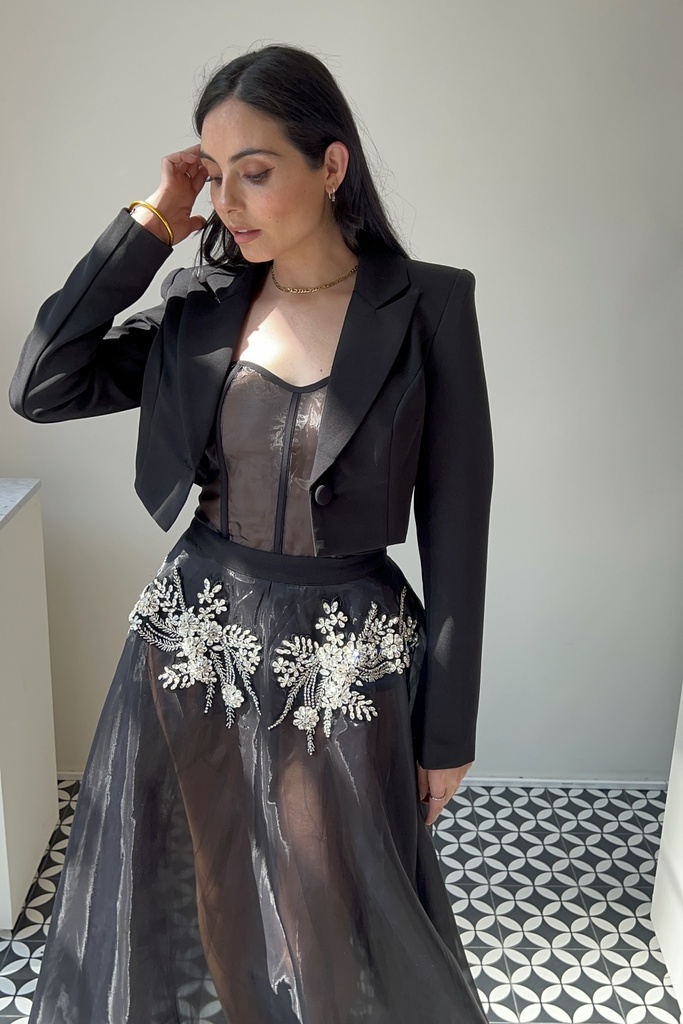 [RB008160101] Vestido Largo Aplicaciones Saco (S)