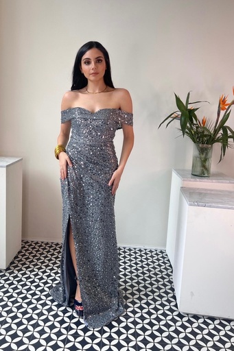 [RB00683] Vestido Largo Strapless Brillo Azul Plata
