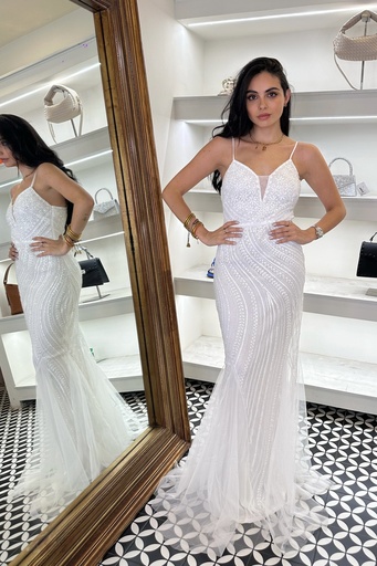 Vestido Largo Pedrería Blanco Tirantes