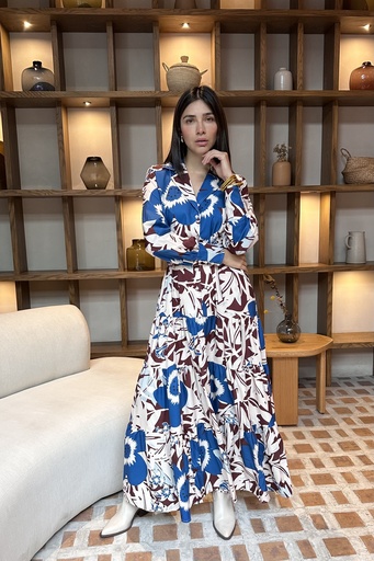 Vestido Flores Azul Cinturon