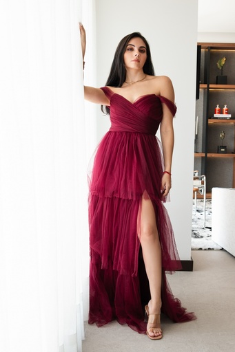 Vestido Largo Capas Tul Vino