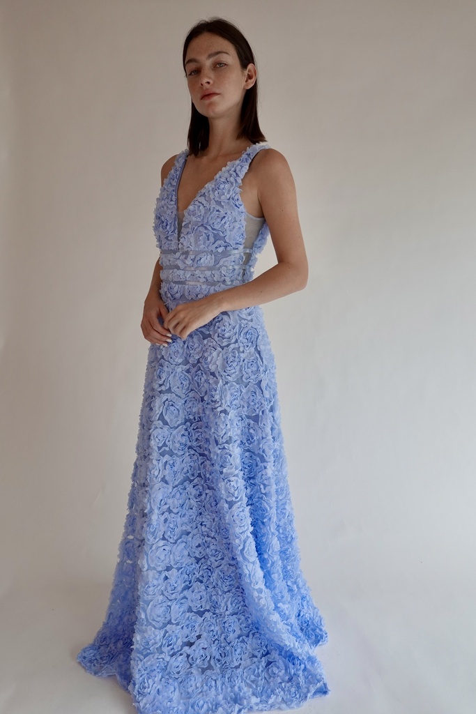 Vestido Largo Flores Azul
